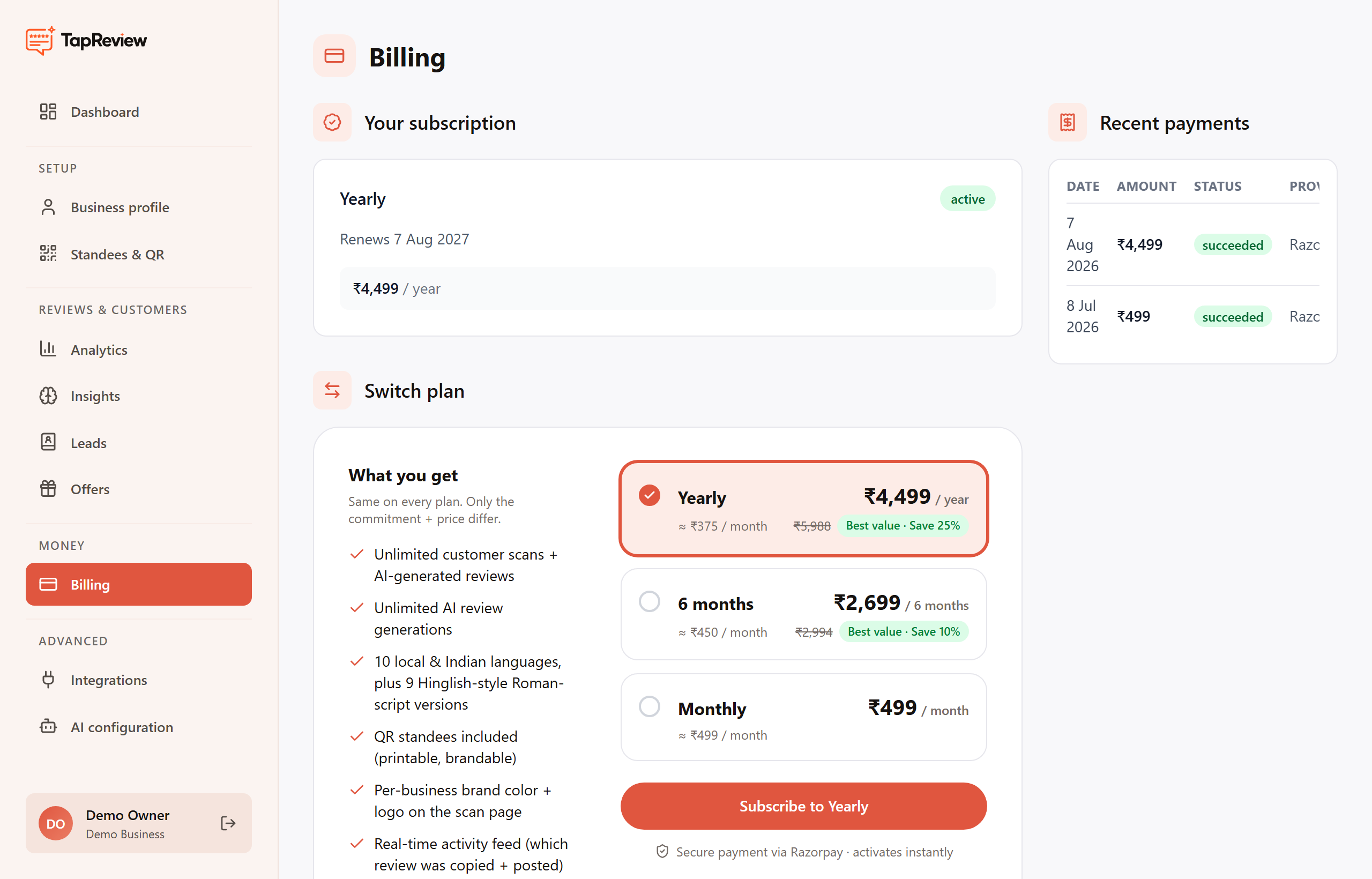 The billing page with recent payments and a PDF download link