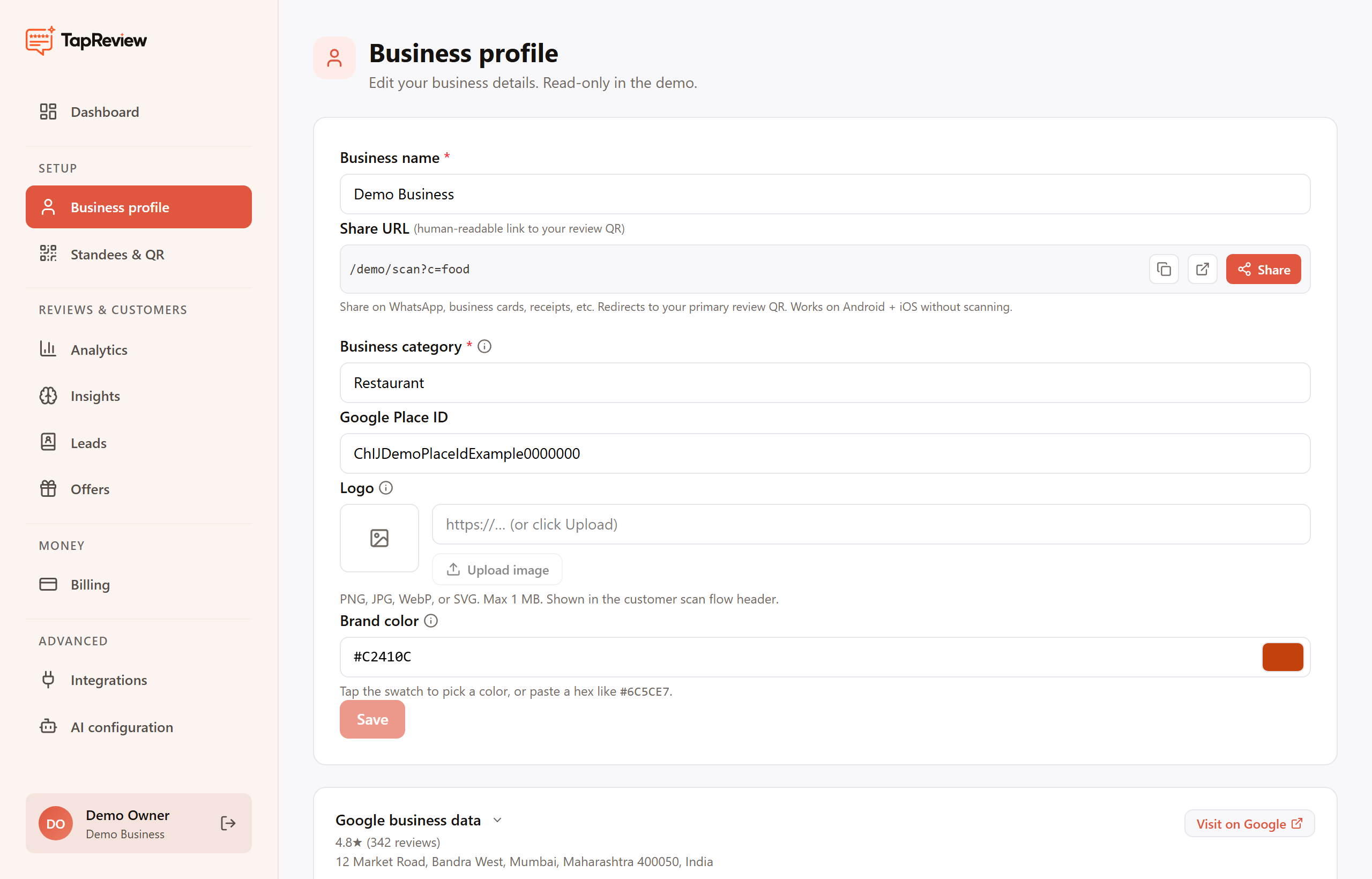 The Share URL field on the business profile
