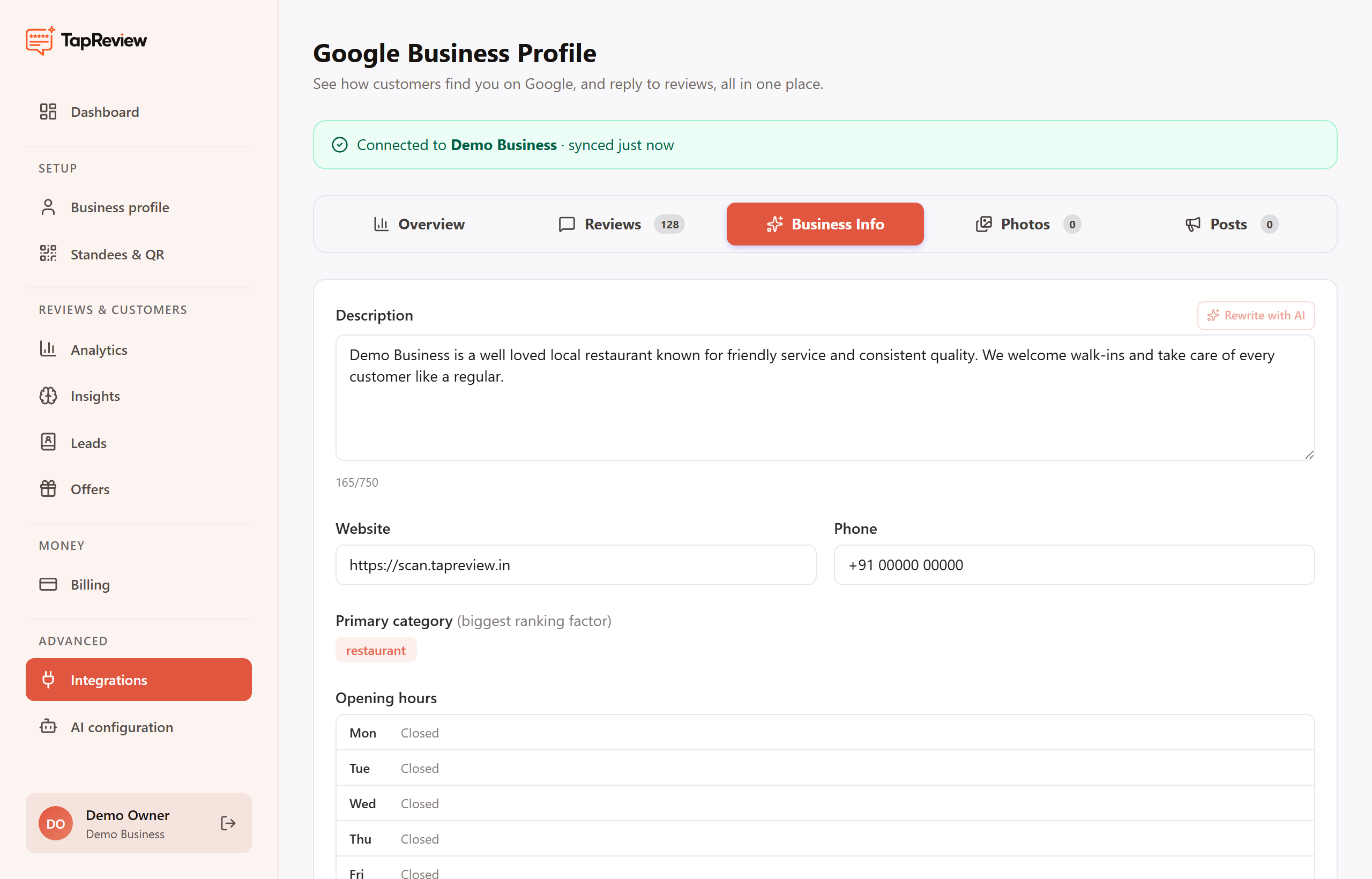 The Google business info tab