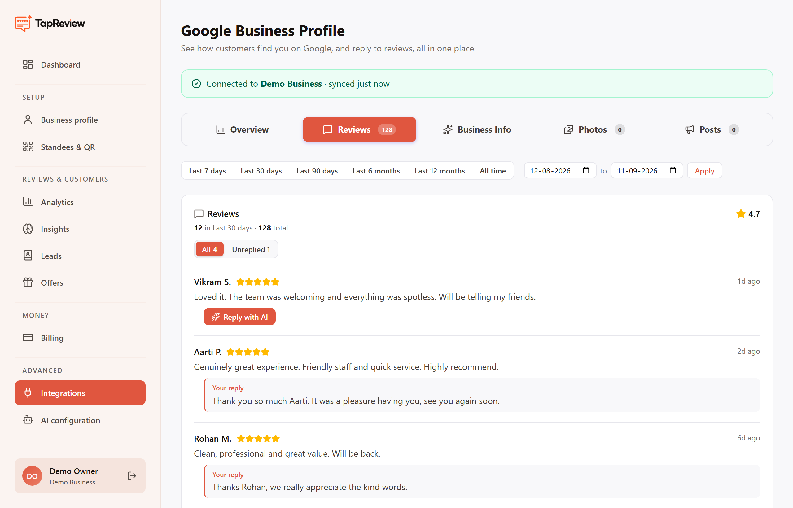 The Google reviews tab with AI reply