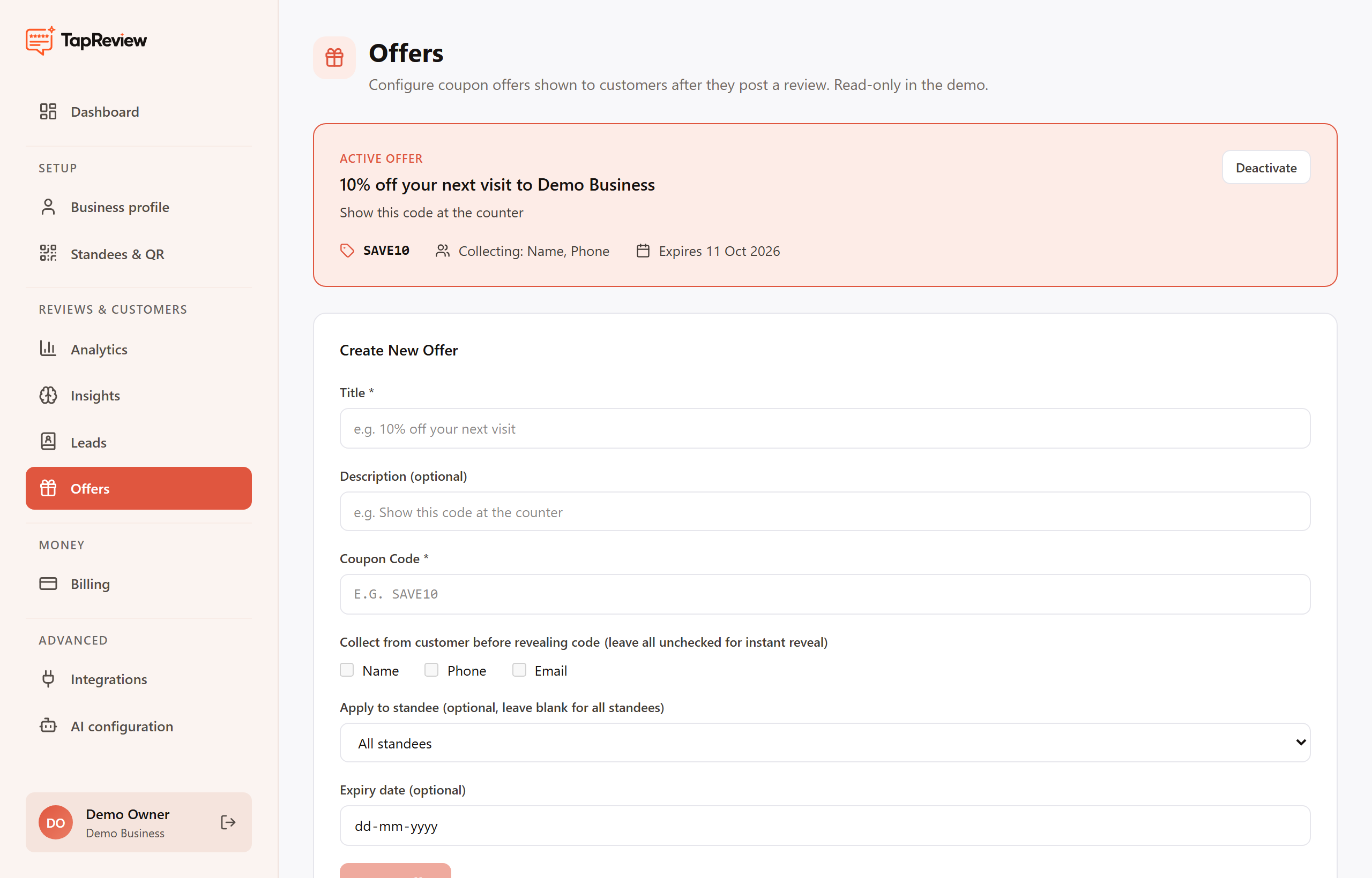 The Offers page in the business panel