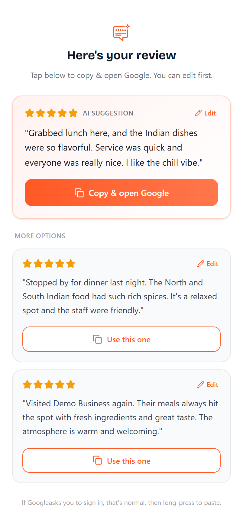 The review result screen a customer sees after rating