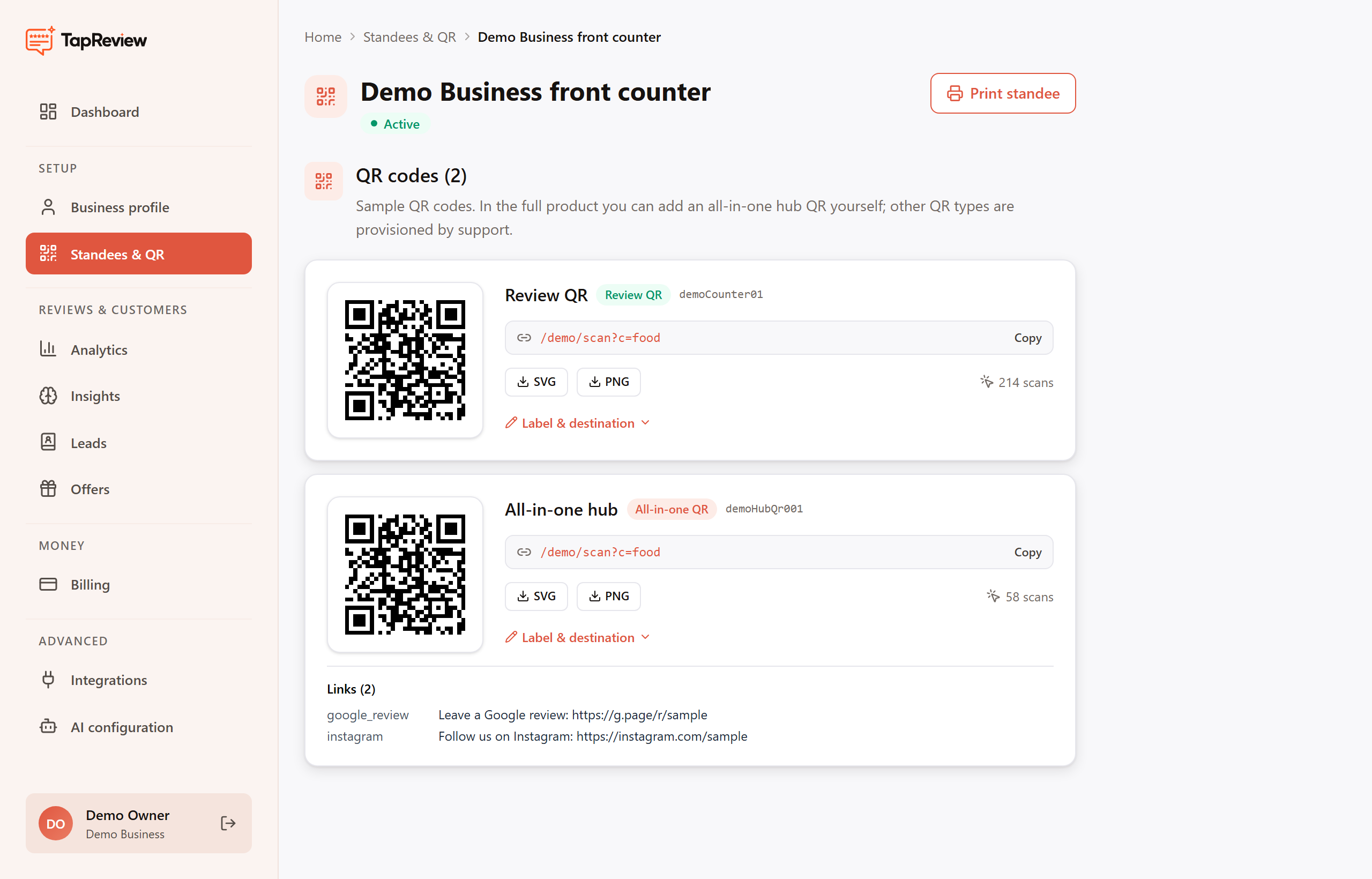 A standee detail page showing its QR codes